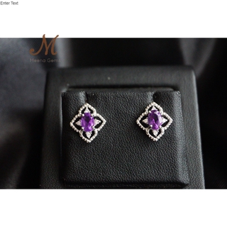 Meena Gems ต่างหูพลอยแท้อเมทิสสีม่วงสวย ตัวเรือนเงินแท้ จัดส่งฟรีพร้อมกล่อง