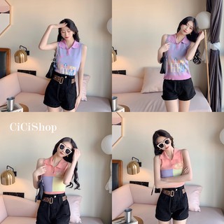 Cicishop(2955/2954)เสื้อครอปแขนกุดคอปก ไหมพรมknit ดีเทลทอลาย ทรงสวยเทสเกาคิ้วท์ๆ