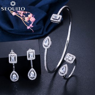 【Sequito】J091 ชุดเครื่องประดับ กําไลข้อมือ สร้อยข้อมือ แหวน ต่างหู หินคริสตัล สีขาว ทอง ปรับได้ แฟชั่นสําหรับผู้หญิง