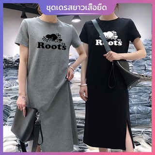 เดรสยาวเสื้อยืดแฟชั่นผู้หญิงสไตล์เกาหลี คอกลมแขนสั้น ลายพิมพ์สวยงาน เนื้อผ้ายืดหยุ่นดี NO:922