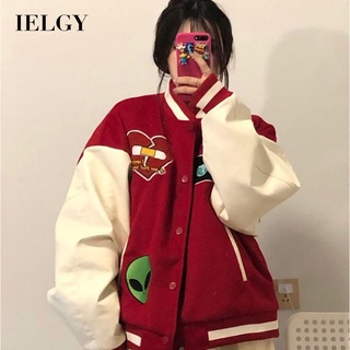 IELGY เสื้อแจ็กเก็ตเบสบอล เย็บปะติดปะต่อกัน สําหรับผู้หญิง คู่รัก