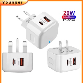 อะแดปเตอร์ชาร์จเร็ว 2 พอร์ต QC3.0 Type C PD 20W USB-C สําหรับ Iphone Android