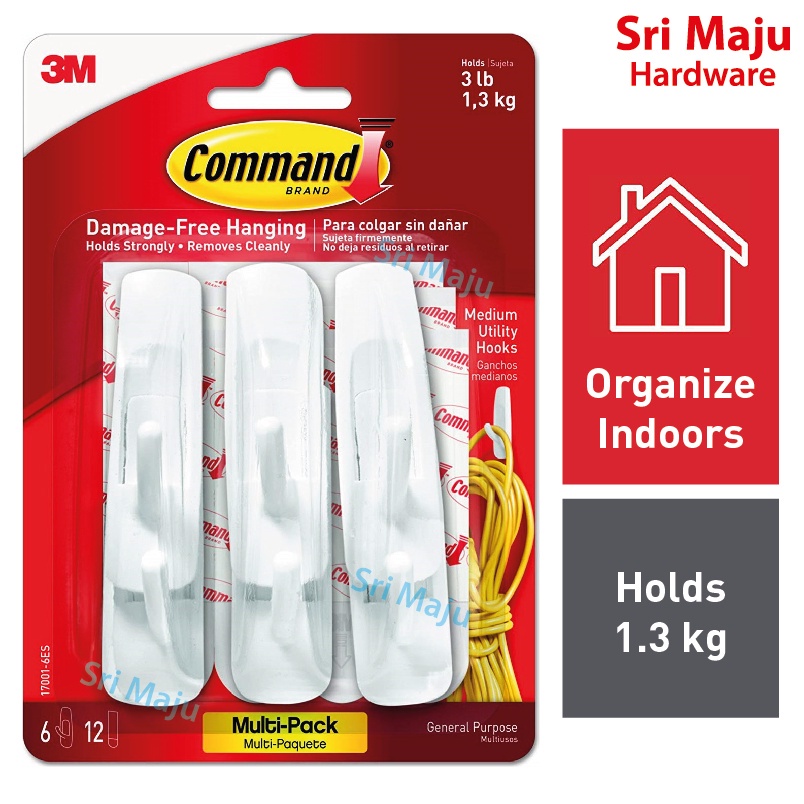 MAJU 3M Command Value Pack 17001-6 Organizing Hook Wall Organizer วัตถุประสงค์ทั่วไป Coat Hook 17001