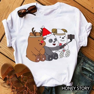 TT-Fashion Merry Christmas We Bare Bear Cartoon Pattern Printed T-Shirt Womens Harajuku Casual Top Fun Half-Sleeved Clo