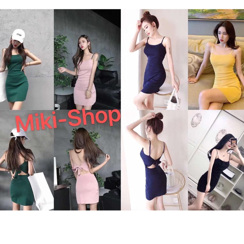 Miki-shop* พร้อมส่ง เดรสสายเดี่ยวไหมพรม ผูกหลัง เช็กชี่D27*
