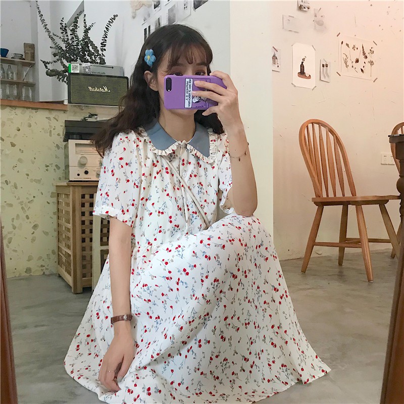 พร้อมส่ง????Jasmin flowers long dress เดรสยาวลายดอกไม้ คอปกสีฟ้า C829