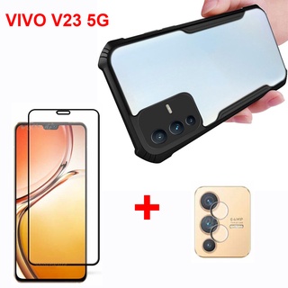 3-in-1 VIVO V23 Y76 5G Y15A V21e V21 กระจกนิรภัยหน้าจอ + ตัวป้องกันเลนส์กล้อง + เคสอะคริลิคใส แบบเต็มฝาหลัง