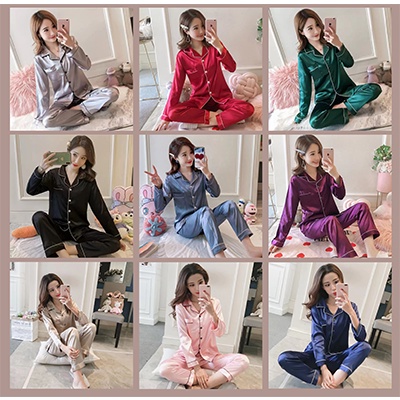 3830 ชุดนอนผ้าซาตินแขนยาว+กางเกงขายาว สีพื้น ไซส์ M-2XL ใส่ได้ทั้งชายและหญิง