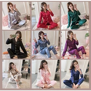 🍁3830🍁ชุดนอนผ้าซาตินแขนยาว+กางเกงขายาว สีพื้น ไซส์ M-2XL ใส่ได้ทั้งชายและหญิง