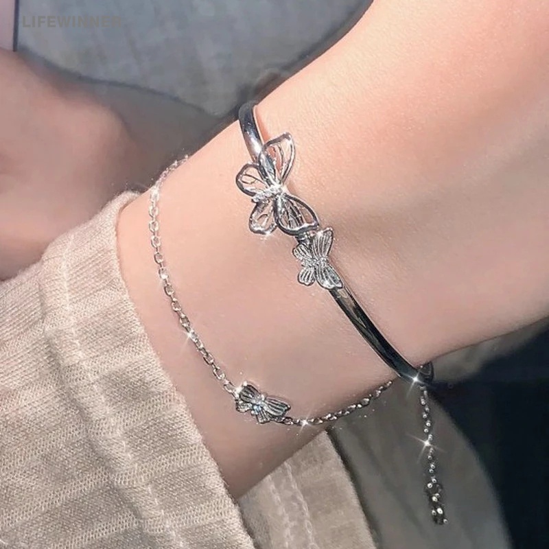 สร้อยข้อมือโซ่ สองชั้น ผีเสื้อ ขอบ / เสน่ห์ ปรับได้ เปิด สร้อยข้อมือ ปาร์ตี้ เครื่องประดับมือ อุปกรณ์เสริมเครื่องประดับ