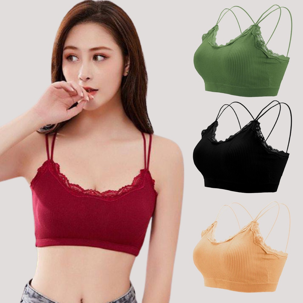 เสื้อใน สปอร์ตบรา สายเดี่ยว เสื้อชั้นใน แบบสวม สายไขว้หลัง ชุดชั้นใน ฟองน้ำในตัว แต่งขอบระบาย