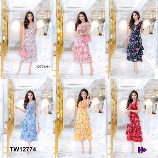 CS12774  เดรสลายดอกกระโปรงระบาย 3 ชั้น