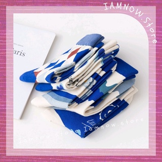 ถุงเท้าข้อสูงผ้านิ่ม ลายแฟชั่นคิ้วท์ ๆ แก๊งสีฟ้า blue&amp;white แสนน่ารัก!