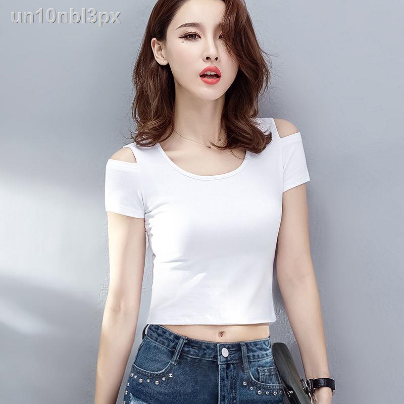 ❐✙✣Navel แขนสั้นหญิง 2021 ฤดูร้อนใหม่นักเรียนเกาหลีรุ่น Slim เสื้อยืดสีขาวผ้าฝ้ายที่ไม่มีสายหนังเอวสูง Crop TOP