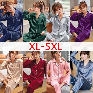 ☄◙✲L10-07 พร้อมส่ง ชุดนอนไซส์ใหญ่ XL-5XL ชุดนอนผ้าซาติน ชุดนอนแขนยาว ชุดนอนขายาว ชุดนอนคนอ้วน ชุดนอนผู้หญิงไซส์ใหญ่ ชุดน