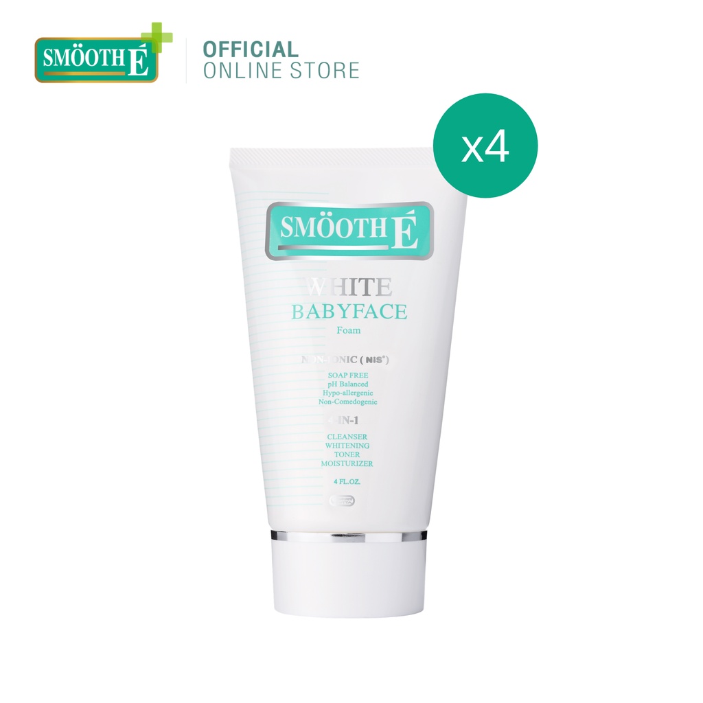 [แพ็ค4สุดคุ้ม] Smooth E White Babyface Foam 4 Oz. สมูทอี ไวท์ เบบี้เฟส โฟม pH5 Vit C&E ผิวกระจ่างใส สำหรับผิวหมอง