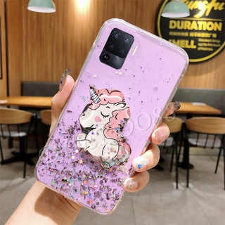 เคสโทรศัพท์ OPPO Reno5 F Reno 4 5 Pro A93 A73 A15 A15S A53 การ์ตูนยูนิคอร์นน่ารัก กลิตเตอร์ วิบวับ เคสใส นิ่ม เต็มรูปแบบ ดาว พร้อมขาตั้งน้ํา เคสด้านหลัง สําหรับ OPPO Reno5F Reno5 Pro เคส