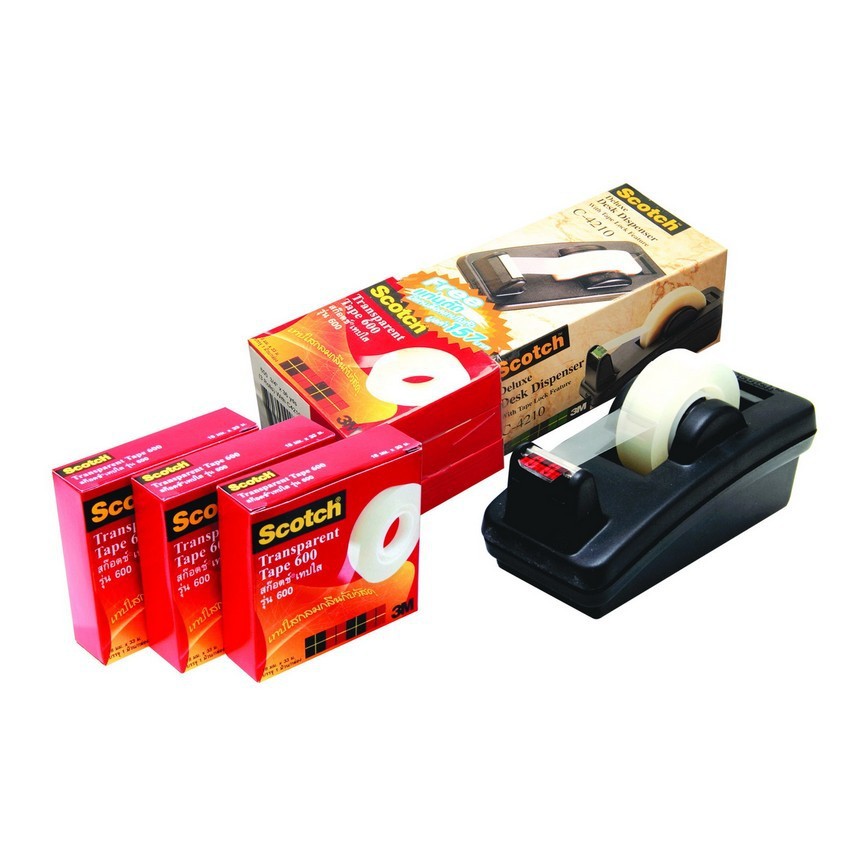 3M™ Scotch® สก๊อตช์ เทปใส พร้อมแท่นตัด, แกน 1" รุ่น 600, 3 ม้วน, 18มมx33ม.