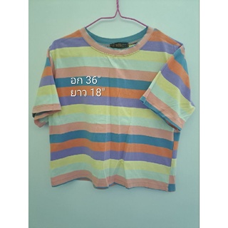 พร้อมส่ง เสื้อยืด เสื้อครอป เสื้อสั้น เสื้อลายทาง มือ 2 มี 2 สี