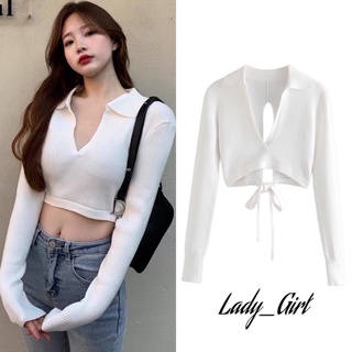 Lady_Girl(1828/AS16.5)เสื้อครอปท็อปไหมพรมแขนยาว V ลึกคอปกด้านหลัง(ว้าวเอล)สามารถผูกโบว์ได้