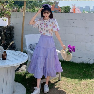 Flower violet set ชุดเซ็ท 2 ชิ้น เสื้อกระโปรงยาวสีม่วงพลาสเทล