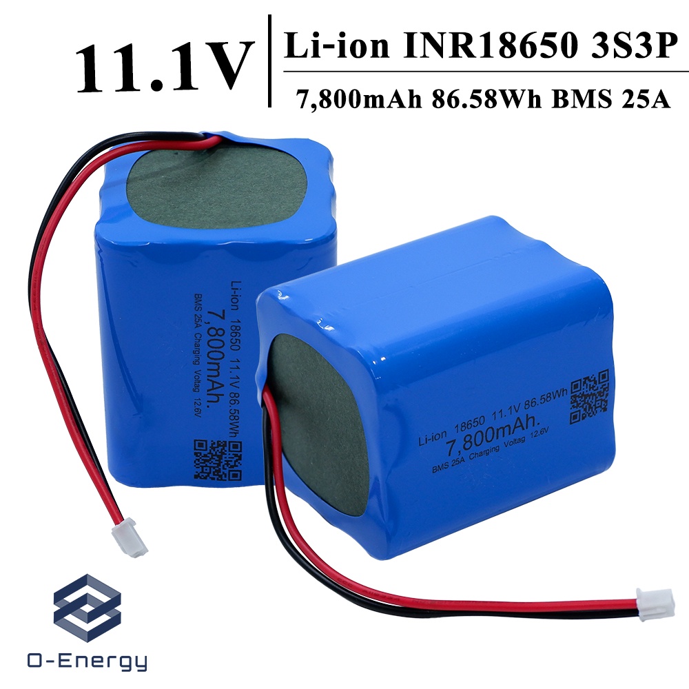 แบตเตอรี่แพค 11.1V 7,800mAh 86.58Wh มีวงจรป้องกันภายใน BMS 25A ระบบ3S3P Connector XH2.54
