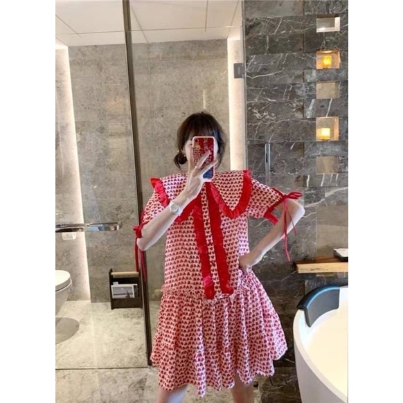 ♥️เดรสปกลายหัวใจแดง น่ารักมาก แขนผูกโบว์