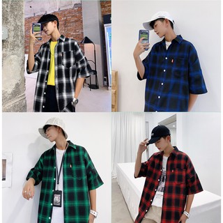 Hip hop Style Shirt เสื้อเชิ้ตแขนยาวผู้ชายลายสก็อต Blouse Shirt M-5XL