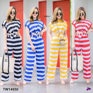 TwinsShopVip💗พร้อมส่ง TW14950 Set #สาวอวบ เสื้อไหล่ล้ำ+กางเกงขายาว ลายริ้ว  Set #chubby girl, shoulder top + l