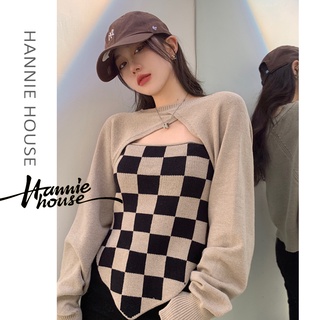 ❥Only➢Women Checkerboard check knit camisole+Irregular knitted shawl 2Pcs Set