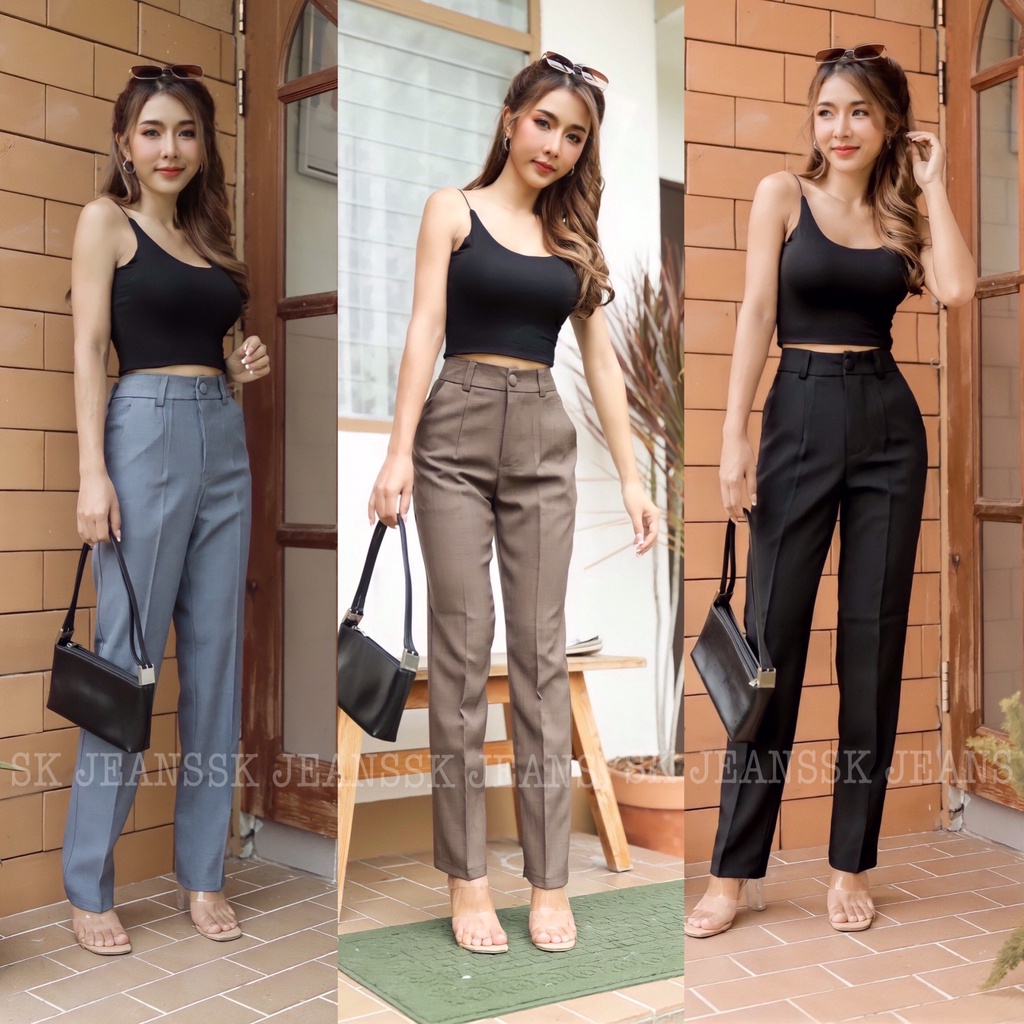 กางเกงเอวสูงทรงกระบอกเล็กกระดุมปั้มผ้าซิก้าป้ายwinner