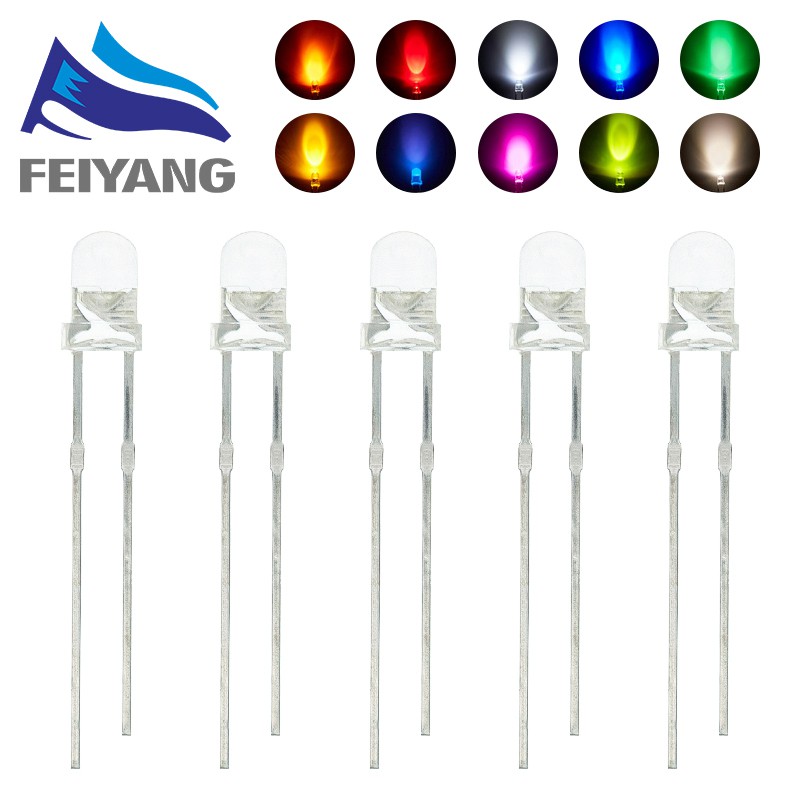 Led 3mm Clear Yellow, Red, Green, Blue, white,Orange,Purple UV,Warm white(10 ฉนเต่า)