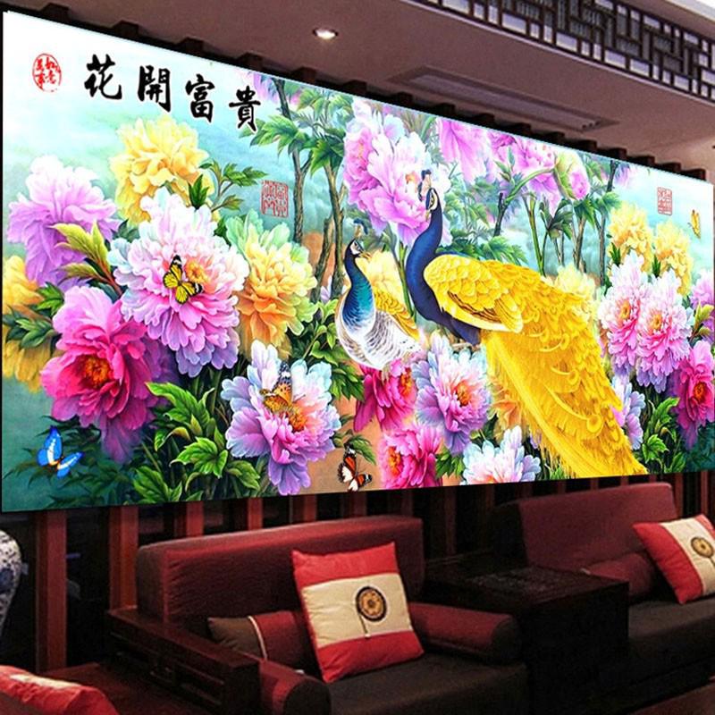 QIANZEHUI,DIY 5D Diamond Embroidery,Round Diamond Peacock and Peony Full Diamond painting cross stitch,needlework