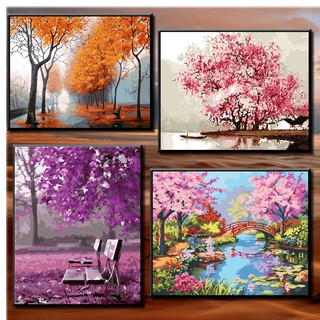 40*50cm DIY ภาพวาดสีน้ำมัน ภาพระบายสีตามตัวเลข  Digital Oil Painting Paint By Numbers on Canvas beautiful trees