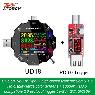 Dc5.5 USB 3.0 Type-C 18 in 1 เครื่องทดสอบ USB dc โวลต์มิเตอร์ดิจิทัล พาวเวอร์แบงค์ ที่ชาร์จ แรงดันไฟฟ้า มิเตอร์ + โปรโตคอลทริกเกอร์ PD3.0 / 2.0