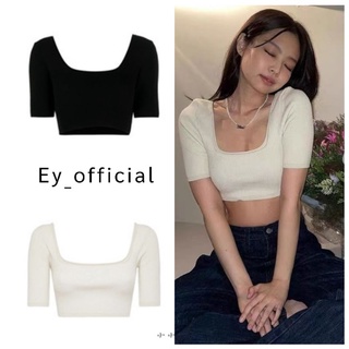 Ey_official#2267#พร้อมส่งเสื้อครอปสุดเช็กชี่คอเหลี่ยมแขนสั้นสไตล์เกาหลีเนื้อผ้าไหมพรม