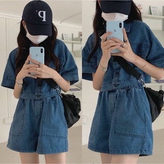 Chuuchop_พร้อมส่ง(C7335) 🛵🧯 MUSHROOM denim set ชุดเซ็ต เสื้อเชิ้ตครอปแขนสั้นและกางเกงขาสั้นผ้ายีนส์