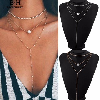 👍broadhappy🔥สร้อยคอพู่ผู้หญิงหลายห่วงโซ่ Rhinestone Faux มุก  choker