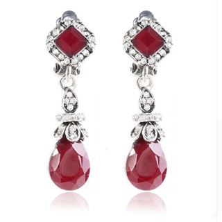 ต่างหู ไม่ต้องเจาะหู ตุ้มหู WaterDrop Clip Earrings Without Piercing Long for Women Elegant Resin Rhinestone Vintage