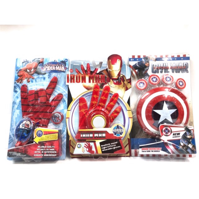 ถุงมื้อ สไปเดอร์แมนยิงเหรียญมีไฟมีเสียงgloves of Spider-Man/ถุงมือไอรอนglove of Iron/โล้กัปตันshield of Captain America