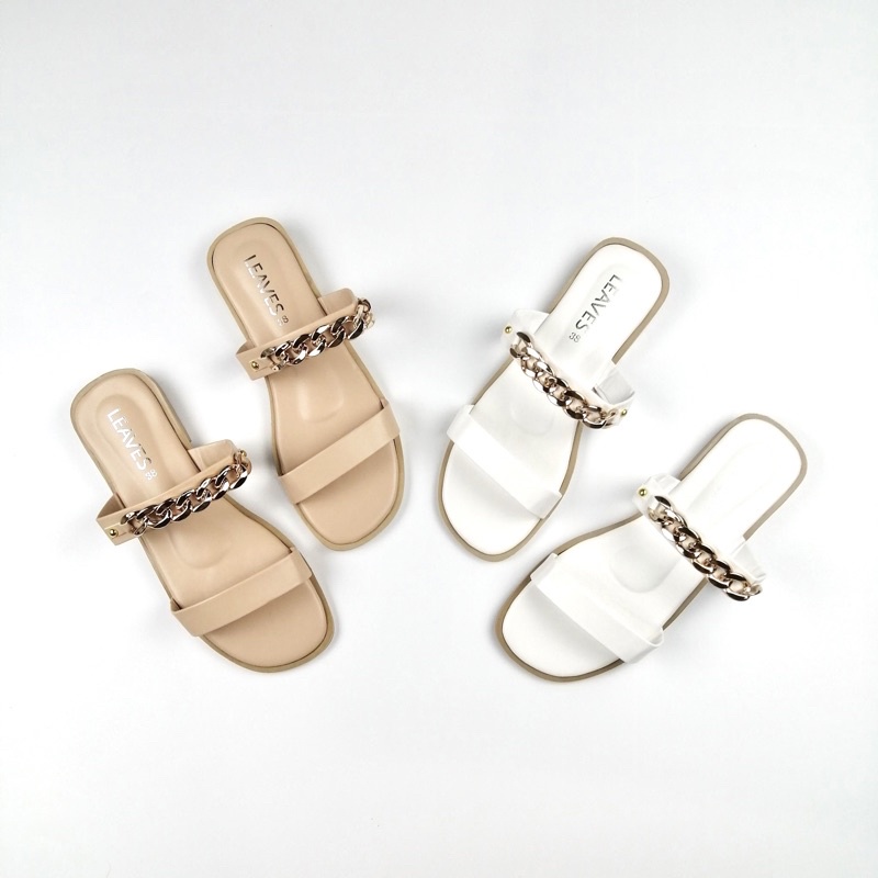 [Leaves Shoes] รองเท้าแตะแฟชั่นผู้หญิง สายโซ่ทอง ดีไซน์สวยหรู พื้นนุ่ม ใส่สบาย มี 3 สีให้เลือก (ดำ / นู้ด / ขาว)