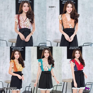 J9299 Jumpsuit จั๊มสูทสั้นอกไขว้แขนระบาย