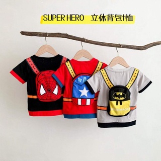 เสื้อยืดเด็กแขนสั้นพิมพ์ลายการ์ตูนซุปเปอร์ฮีโร่ Super Hero แบทแมน สไปเดอร์แมน กัปตันอเมริกา