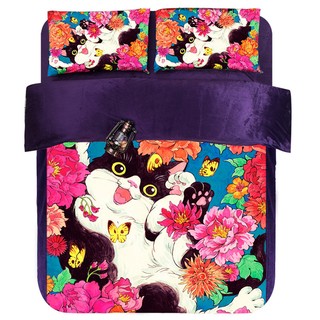 ชุดเครื่องนอนผ้ากำมะหยี่ลายการ์ตูน Thick warm coral velvet ขนาดเตียง 6 ฟุต (Naughty Cat)
