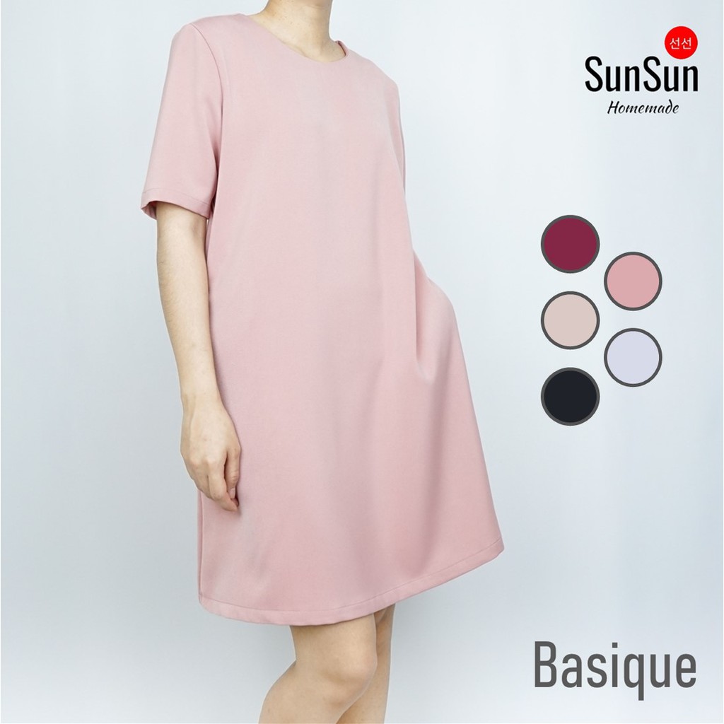 [!!ส่งฟรี ไม่ต้องมีโค้ด!!] เดรสสั้น แขนกระบอก มีกระเป๋า รุ่น Basique ผ้าฮานาโกะ by SunSun Homemade