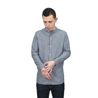 Han&amp;Co.Grey Stripe Work Shirt Long Sleeve-Grey เสื้อเชิ้ตคอจีนแขนยาวสีGrey(สีเทา)