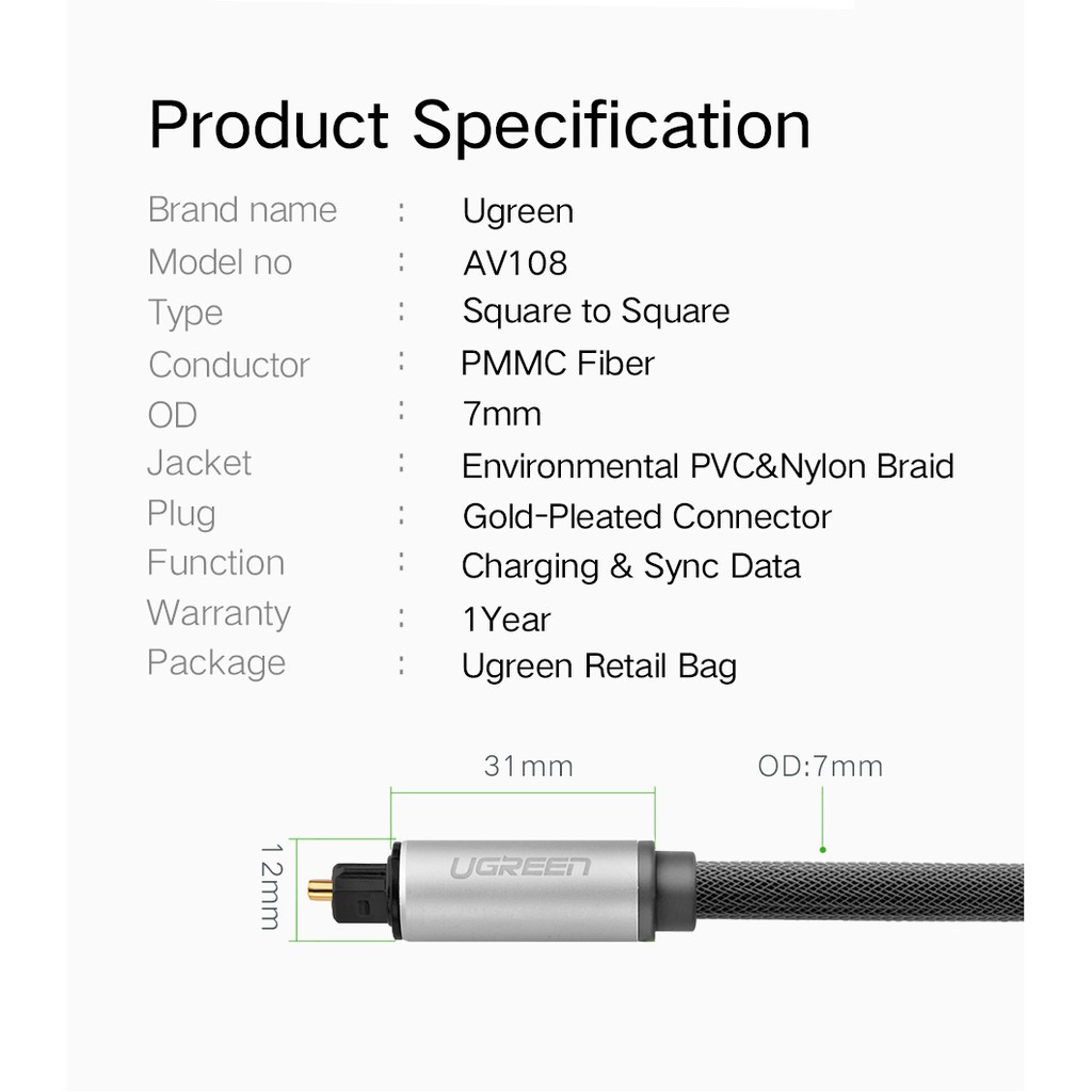 UGREEN รุ่น AV108 สาย Optical Audio สายสัญญาณเสียง TOSLINK รองรับ S/PDIF, ADAT สายถัก