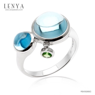 Lenya Jewelry แหวนบลูโทแพซ (Sky Blue Topaz) เจียระไนหลังเบี้ย ประดับซาโวไรท์ ตัวเรือนเงินแท้ 925 ชุบโรเดียม