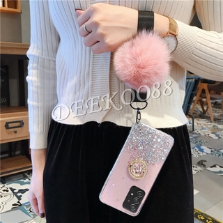 In Stock เคส Samsung Galaxy A72 A52 A32 5G 4G 2021 New Phone Case Luxury Rhinestone Ring Holder Strap Fur Ball Clear Star Space TPU Soft Back Cover เคสโทรศัพท์ SamsungA72 GalaxyA52 Casing