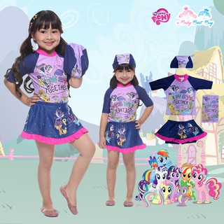 ชุดว่ายน้ำเด็กผู้หญิง My Little Pony สีม่วง เสื้อแขนสั้น กระโปรงสั้น มาพร้อมหมวกว่ายน้ำและถุงผ้า